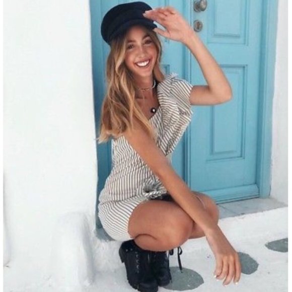 ZARA Denimwear Stripe Ruffle One Shoulder Mini Dress NWT - Picture 2 of 7